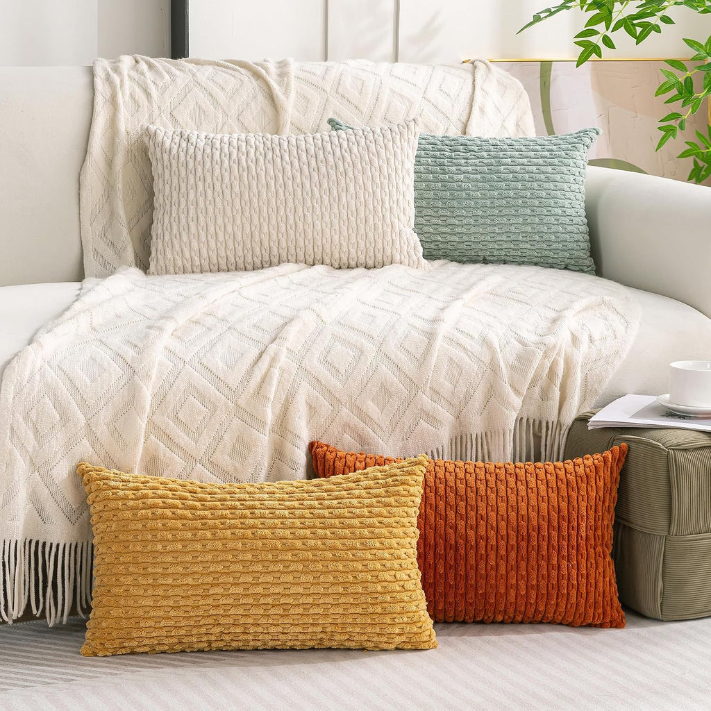 Cozoomy Set of 4 Yellow Rust Aqua Decorative Throw Pillow Covers 12x20 Inch Corduroy Pillow Covers for Bed Couch Sofa Living Room Soft Cush…