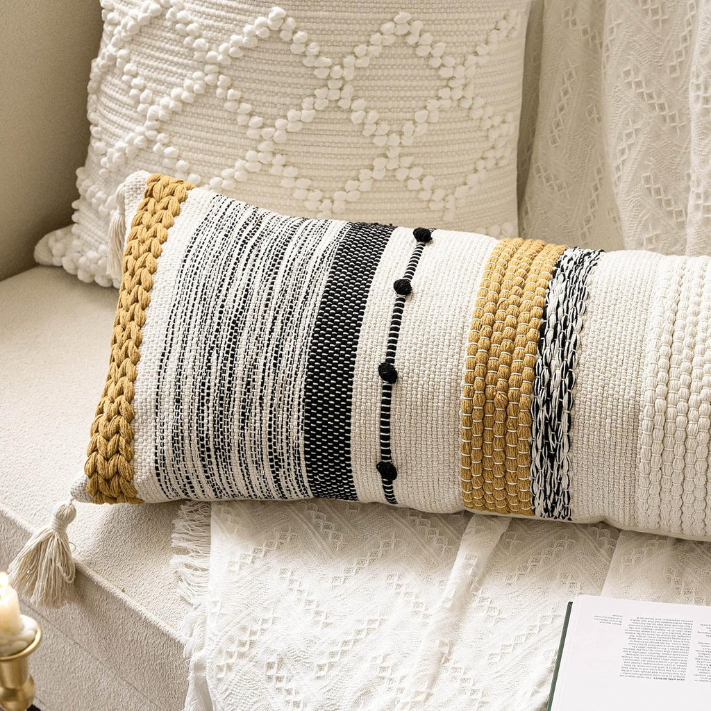 BlissBlush Decorative Lumbar Throw Pillow Cover 14x36 Boho Long Cushion for Bed Yellow Mustard Accent Farmhouse Pillowcase for Bedroom…