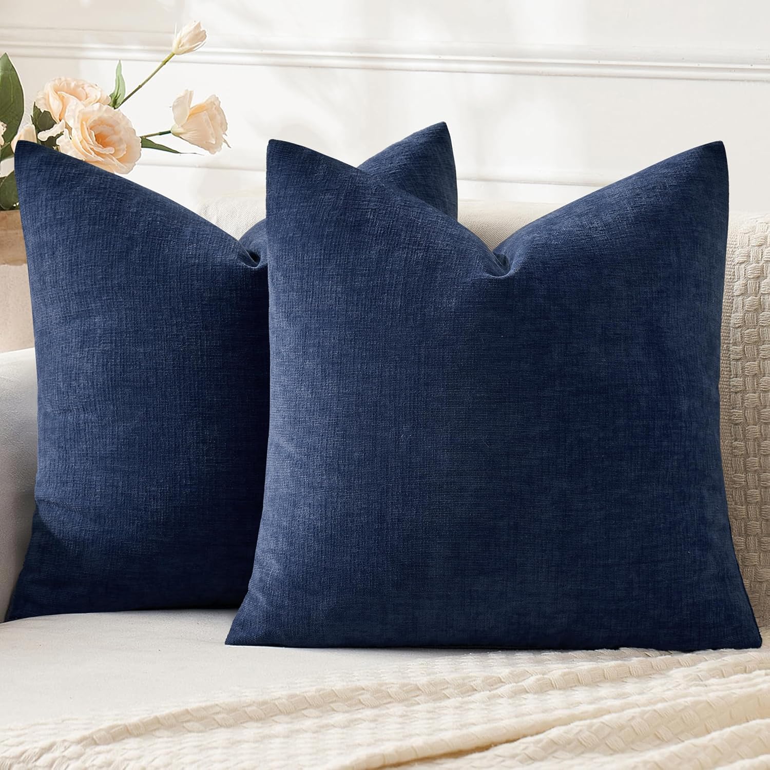Miulee Navy Couch Pillow Covers 20x20 Inch, Set of 2 Soft Chenille Decorative Square Throw Pillow Covers Farmhouse for Sofa Living Room Bed…