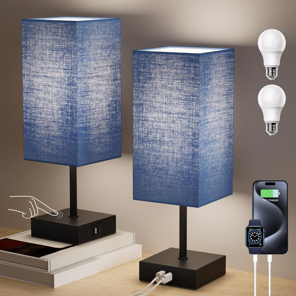 Bedside Table Lamp for Bedroom Set of 2, 3 Way Dimmable Touch Lamp with USB C+A Charging Ports, Small Nightand Lamps for Bedroom Decor…