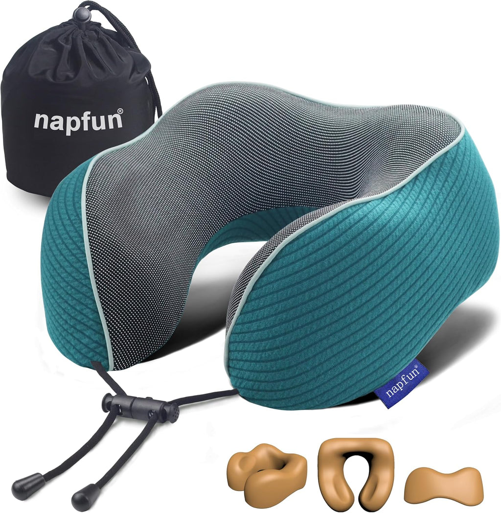 napfun Neck Pillow for Traveling, Upgraded Travel Neck Pillow for Airplane 100% Pure Memory Foam Travel Pillow for Flight Headrest Sleep…