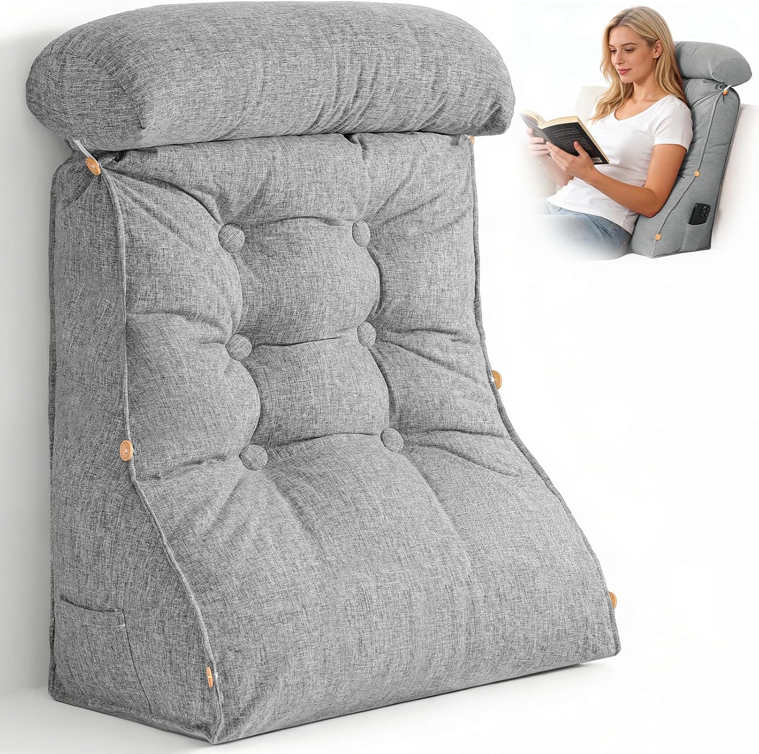 Luisof 23" H Bed Wedge Reading Pillow with Adjustable Headrest, Reading Pillow for Sitting in Bed Couch Adult Backrest Pillow for Neck Back…