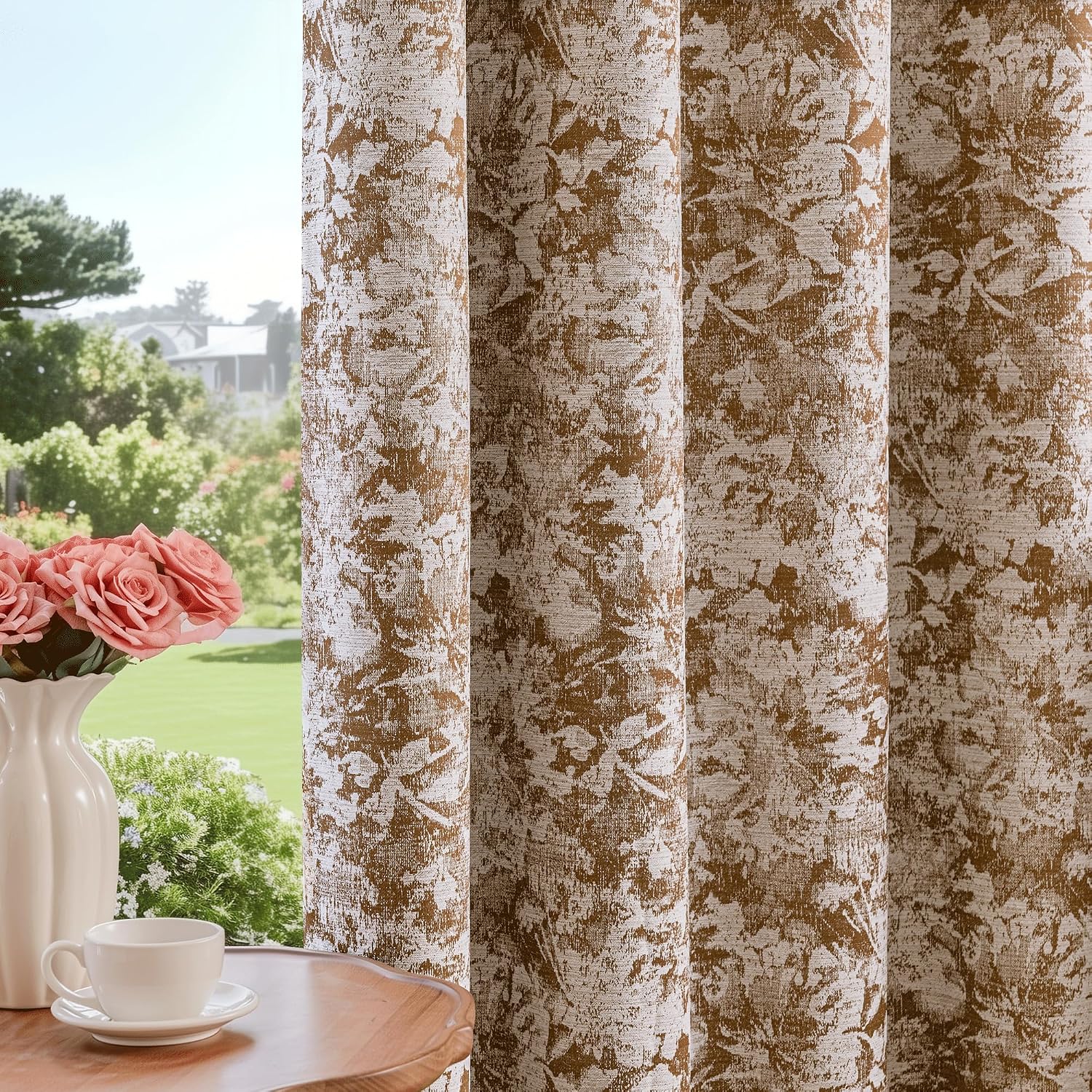Beauoop Brown Floral Jacquard Blackout Curtains 96 Inches Long 2 Panels for Bedroom Living Room Chenille Flower Room Darkening Thermal…