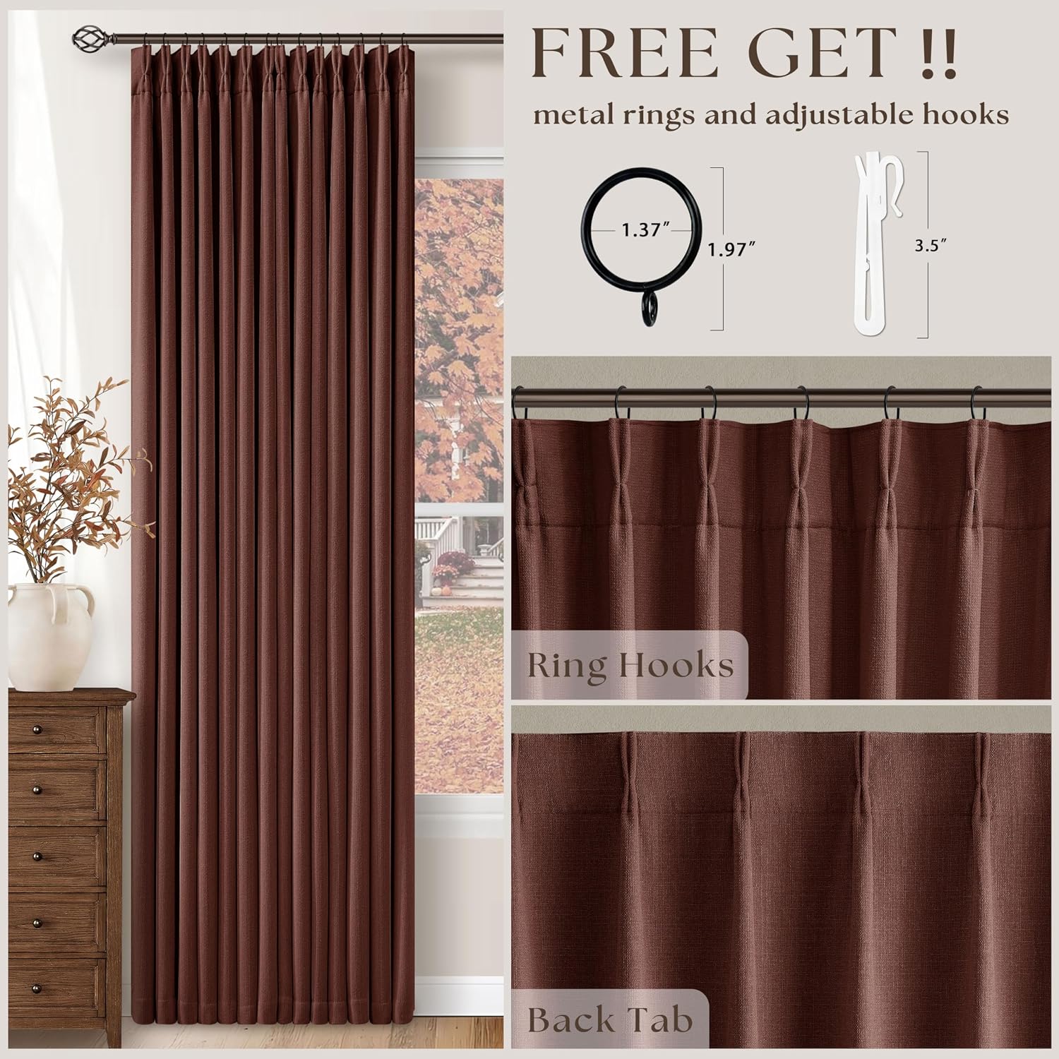 Twodrapes Chestnut Brown Pleated Linen Blackout Curtains 84 Inches Long for Bedroom Living Room Pinch Pleat Black Out Thermal Insulated Rin…