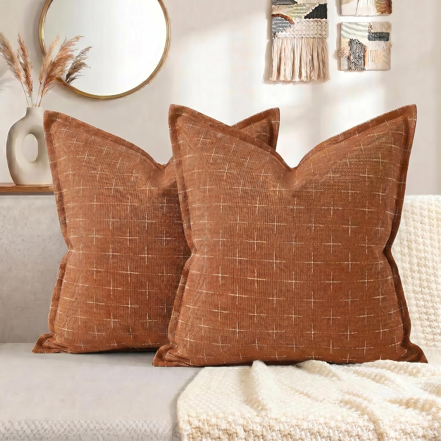 AVOINcolorlife AVOIN colorlife Pack of 2 Decorative Throw Pillow Covers 16x16 Inch, Flange Edges Woven Textured Cushion Case Home Decor for…