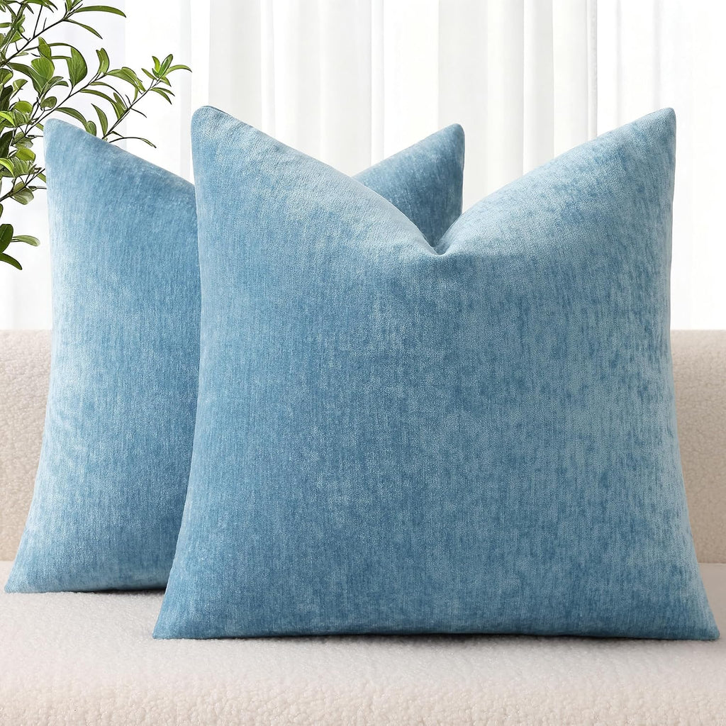 decorUhome Chenille Grey Blue Throw Pillow Covers 22x22 Inch Set of 2, Decorative Soft Couch Pillow Covers Solid Dyed Accent Farmhouse Neut…