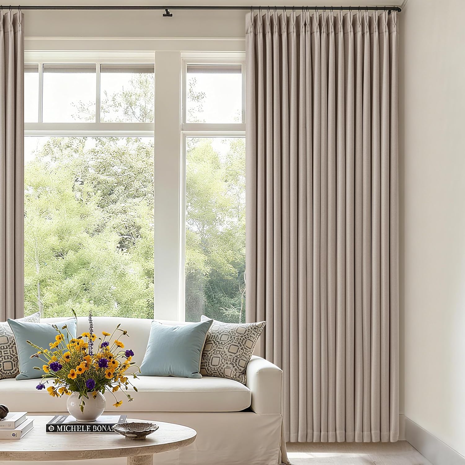 Twodrapes Memory Trained Pinch Pleated 100% Blackout Linen 80 Inch Curtains for Bedroom Room Darkening Light Blocking Burlywood Tan Window…