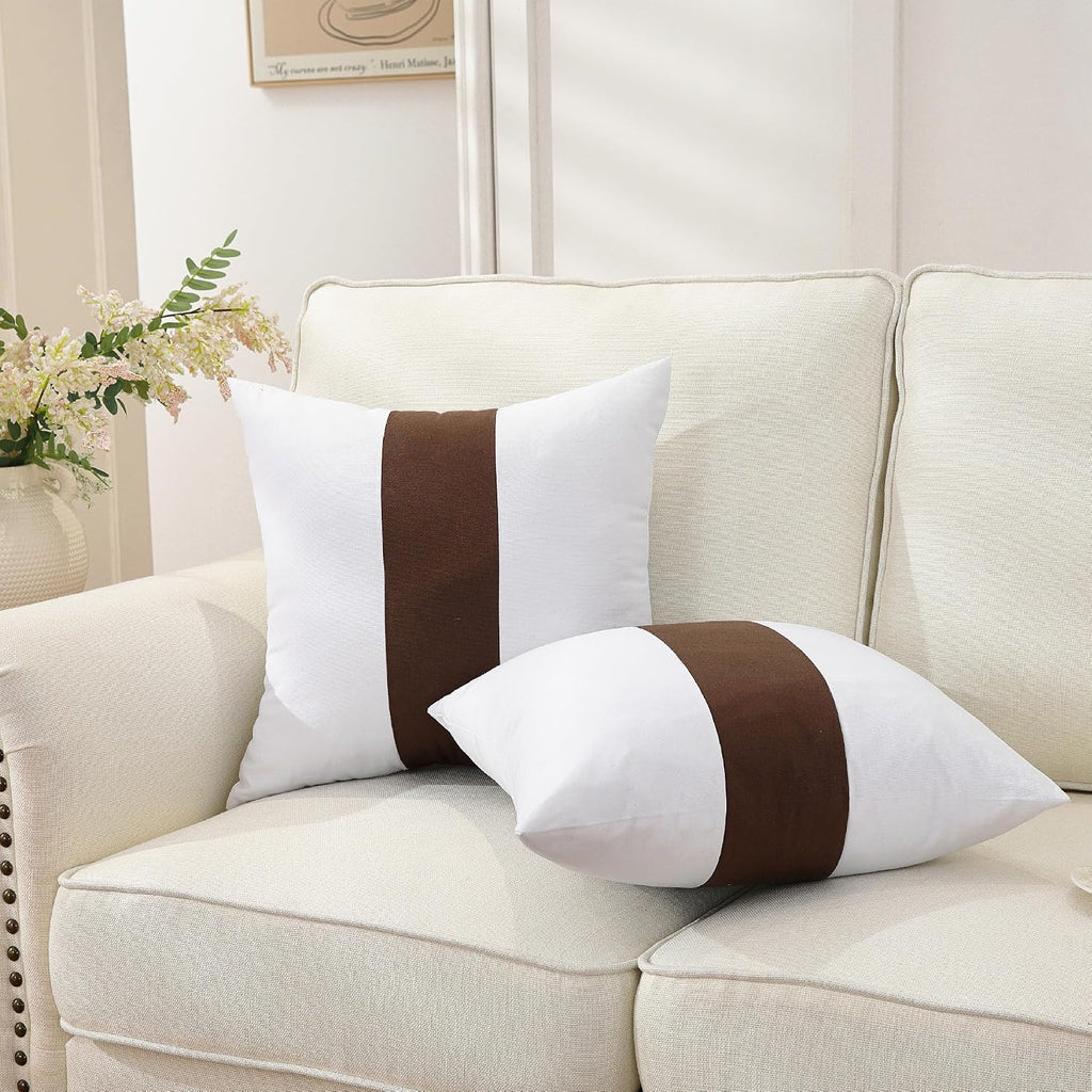 TAOSON Set of 2, 100% Cotton Canvas Patchwork Throw Pillow Covers 24x24 Inch Modern Brown Striped Pillow Cushion Covers Farmhouse Decor…