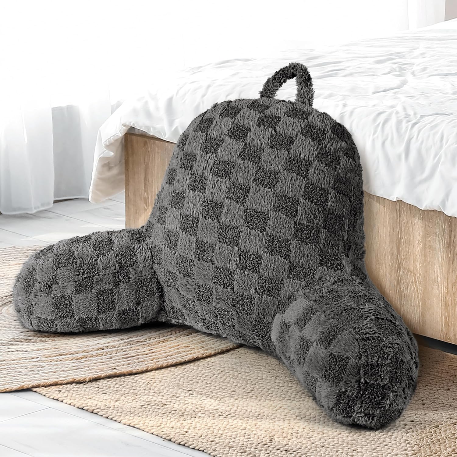 Aels Large Reading Pillow Replacement Cover with Arms and Pockets (Cover ONLY), 18" Soft Faux Fur Checkered Backrest Pillow Cover Fits Stan…
