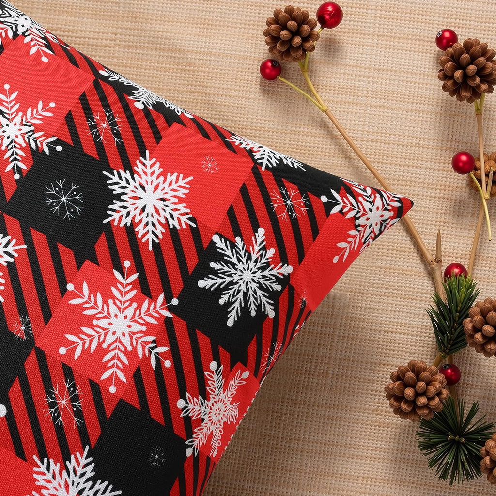decorUhome Summer Black and Red Snowflake Linen Decorative Throw Pillow Covers 16x16 Set of 2 Buffalo Plaid Check Farmhouse Gingham Cushion…