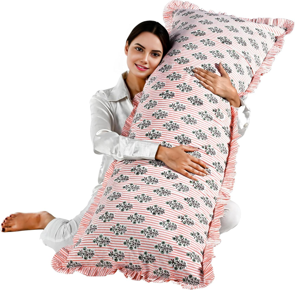 Ridhi Salmon Blossom Stripe 100% Cotton Block Print Ruffle Sham Cover 20x54 Set of 1 Floral Pillowcase, Farmhouse Cottagecore Bedding…