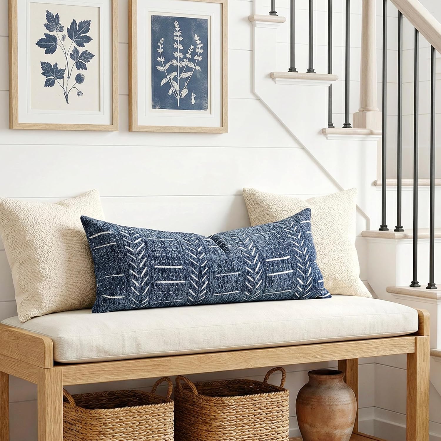 BlissBlush Decorative Long Lumbar Pillow Cover 14x36 for Bed, Navy Blue Soft Woven Chenille Accent Pillow Cover for Bedroom Couch Sofa…