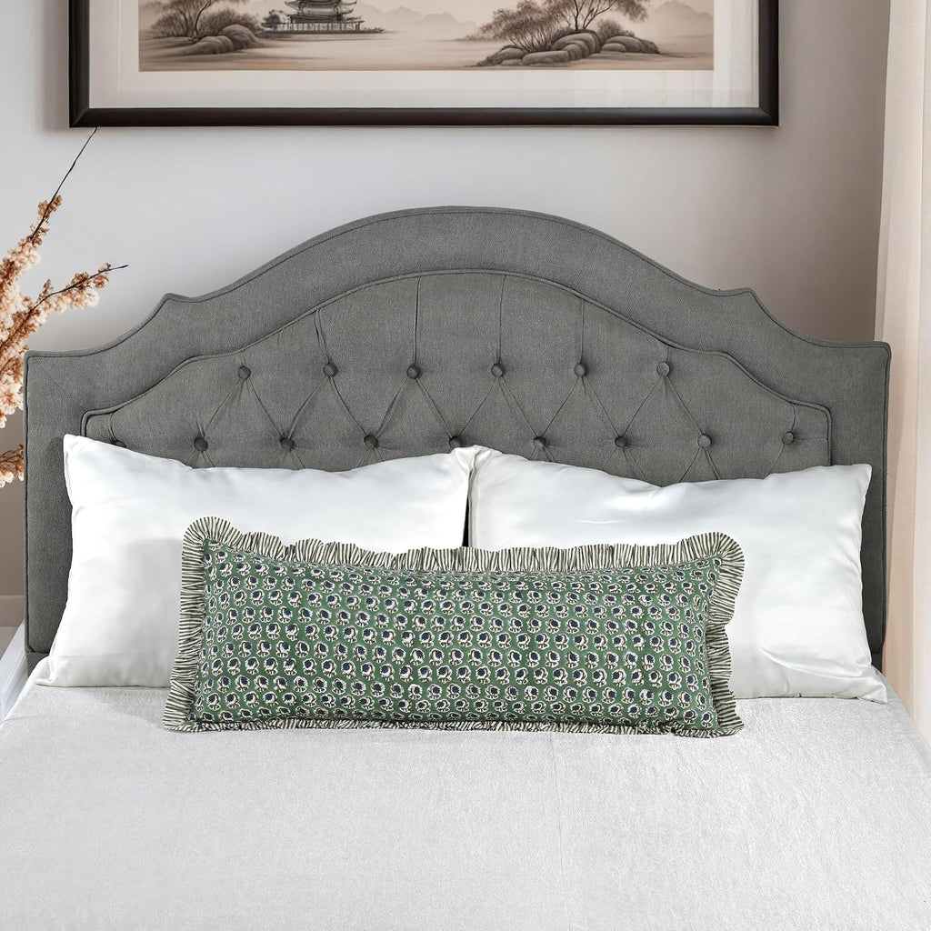 Ridhi Block Print Basil Green 36"x14" Set 1-100% Cotton Ruffle Lumbar Sham Cover Boho Floral Pillowcase, Farmhouse Cottagecore Bedding…