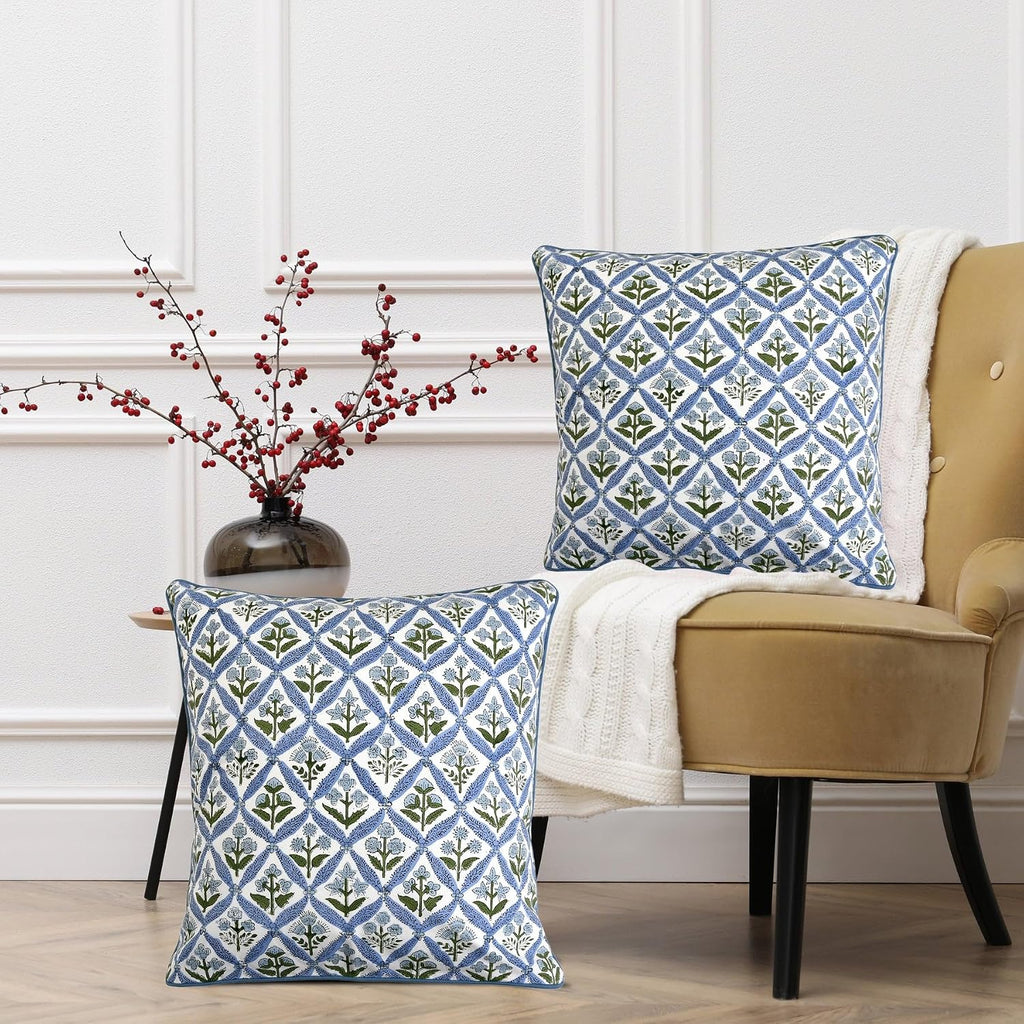 Ridhi Block Print Light Steel Blue Pillow Cover 18" x 18" (Pack of 2) Decorative Couch Pillows for Living Room, Chic Boho Cute Outdoor Pill…