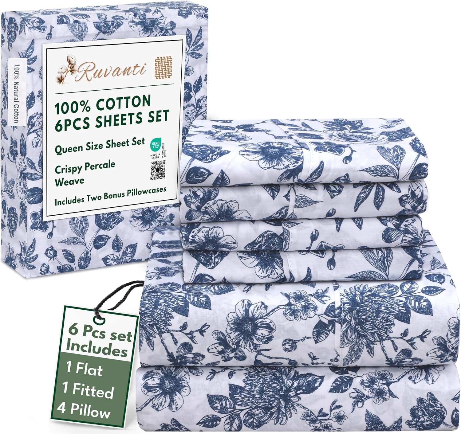 Ruvanti 6 Pcs Cotton Sheets - 100% Natural Cotton Soft, Lightweight & Breathable Crispy Percale Bed Sheets, Queen Sheet Set 16" Deep Pocket…