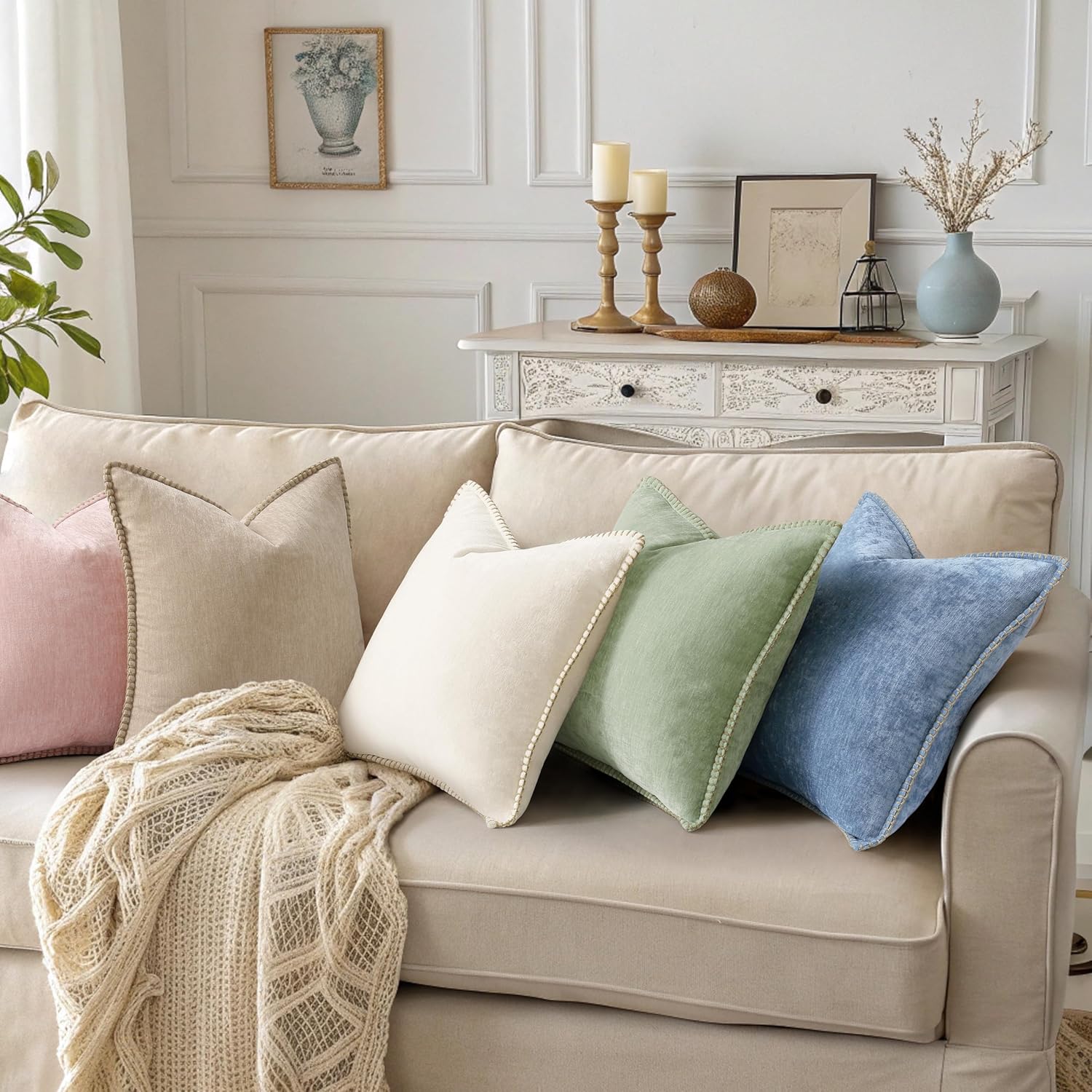 decorUhome Summer Chenille Soft Cozy Throw Pillow Covers 12x20 Set of 2, Modern Farmhouse Boho Velvet Decorative Pillow Cases with Stitched…