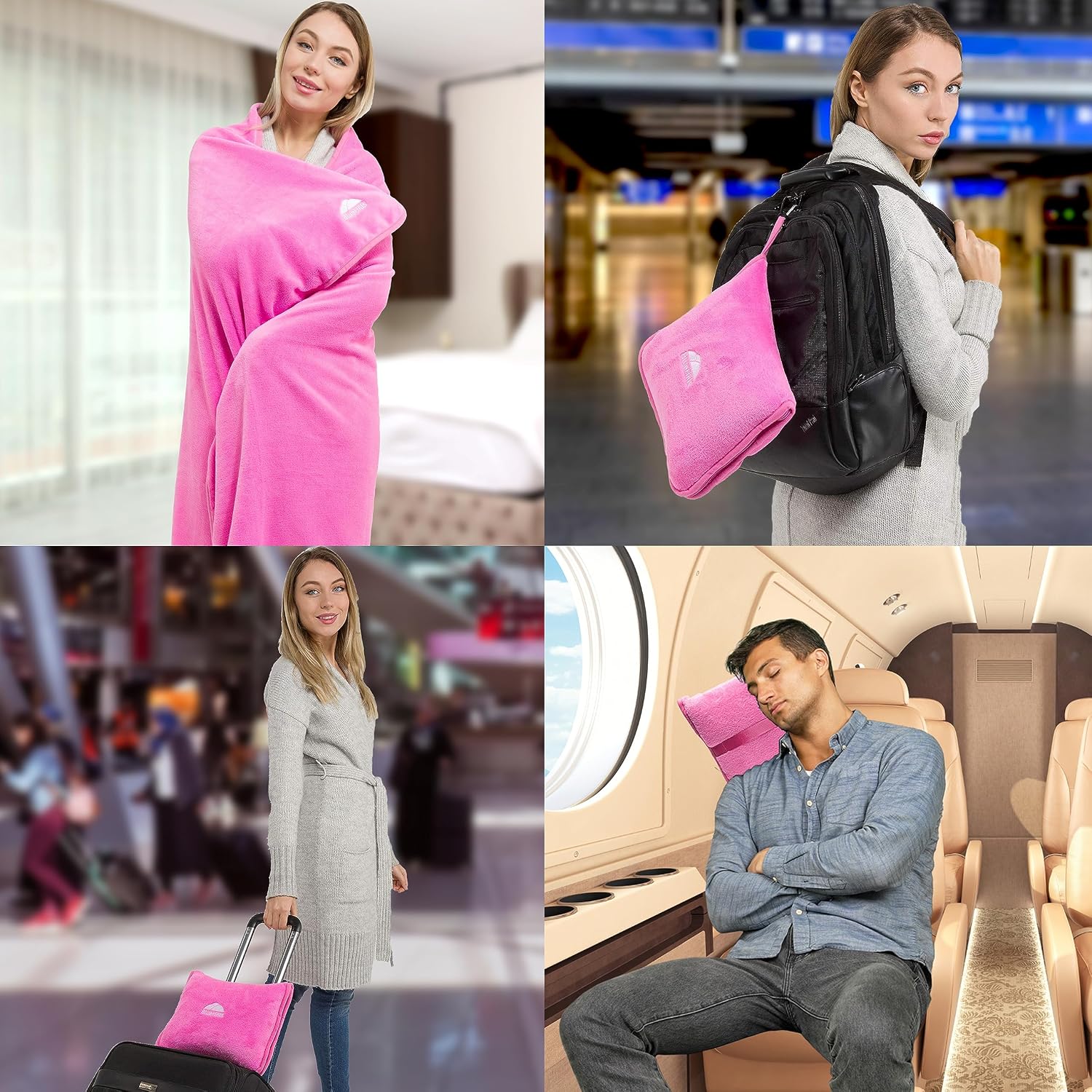 BlueHills Premium Soft Travel Blanket Pillow Airplane Blanket Packed in Soft Bag Pillowcase with Hand Luggage Belt and Backpack Clip…