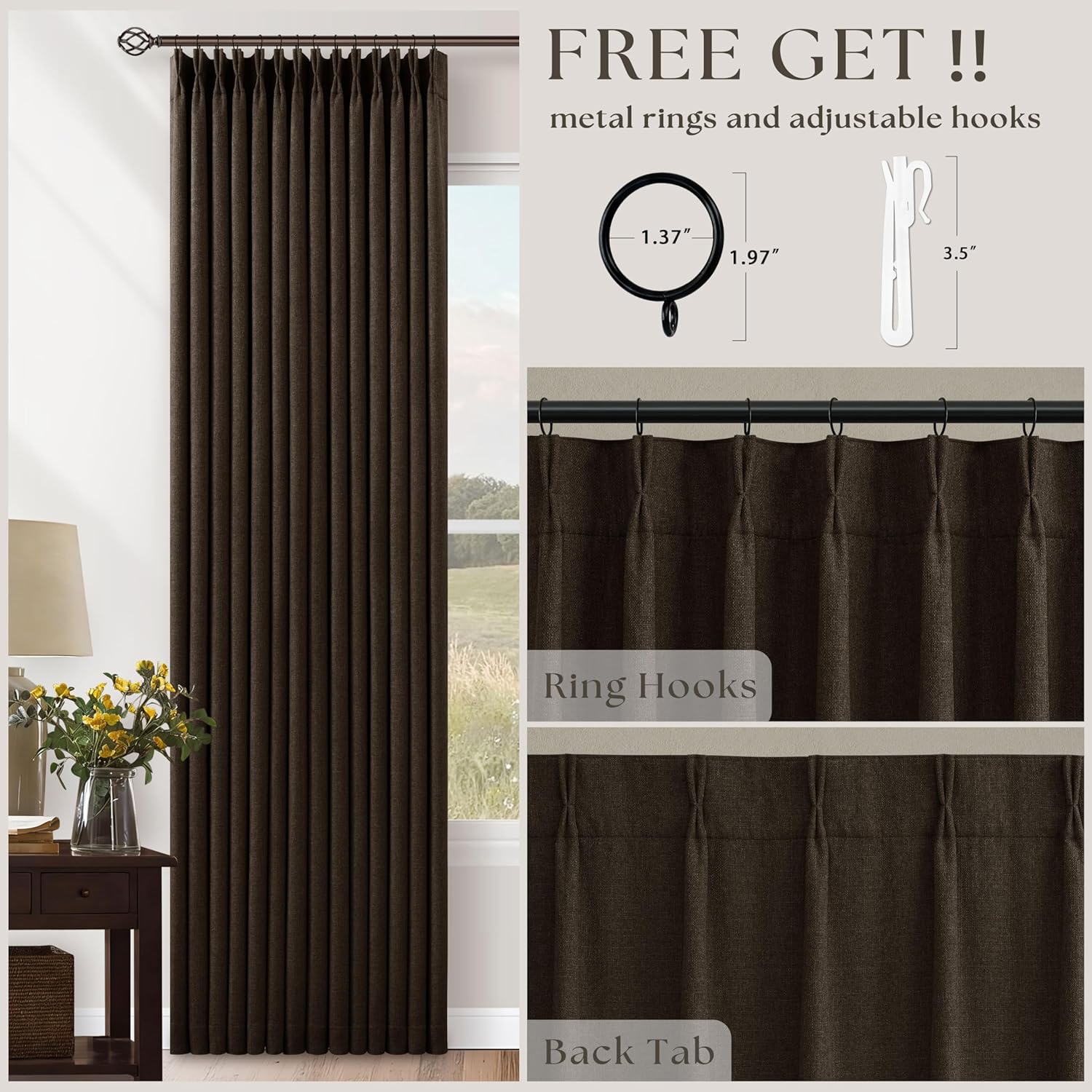Twodrapes Dark Chocolate 100 Inch Linen Pleated Blackout Long Curtains for Living Room Memory Trained Dual Layer Heavy Burlap Curtain Sound…
