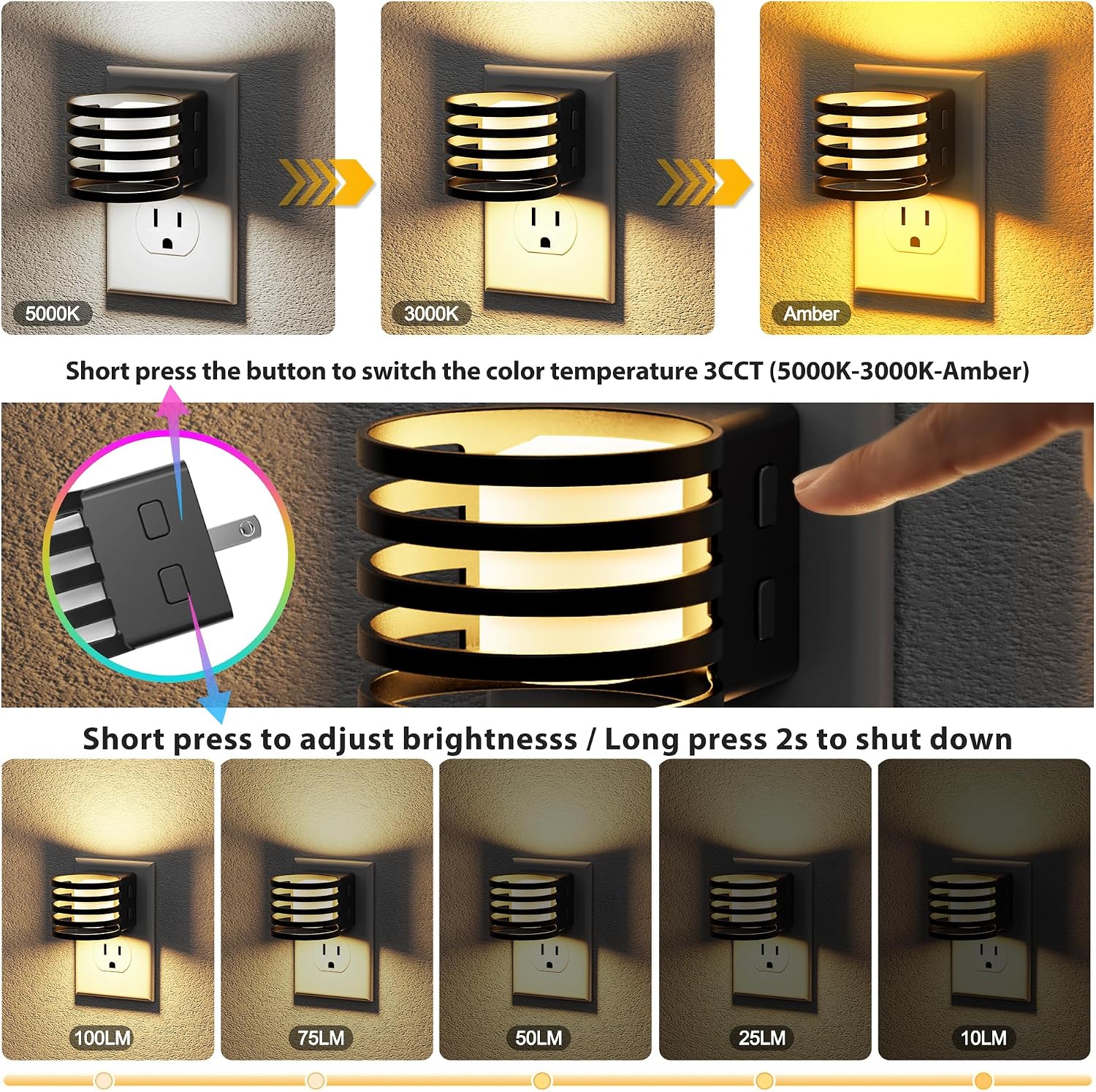 JandCase LED Night Light, Night Lights Plug into Wall with Dusk to Dawn Sensor, 3 Colors Amber/3000K/5000K & 5 Brightness Levels…