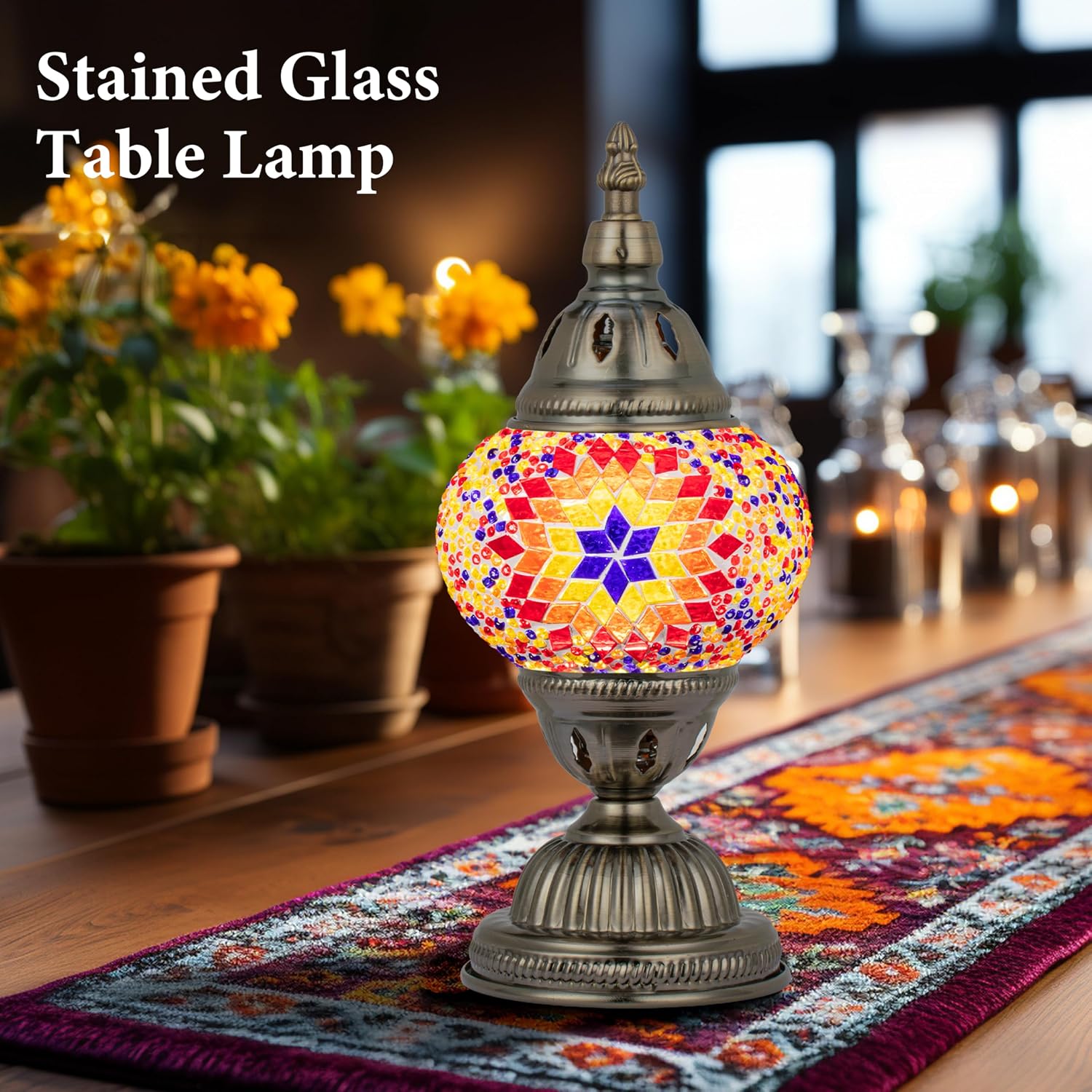 Marrakech Tiffany Lamp Turkish Table Lamps with Vintage Style, Handmade Moroccan Mosaic Lamp with Bronze Base Including LED Bulb for…