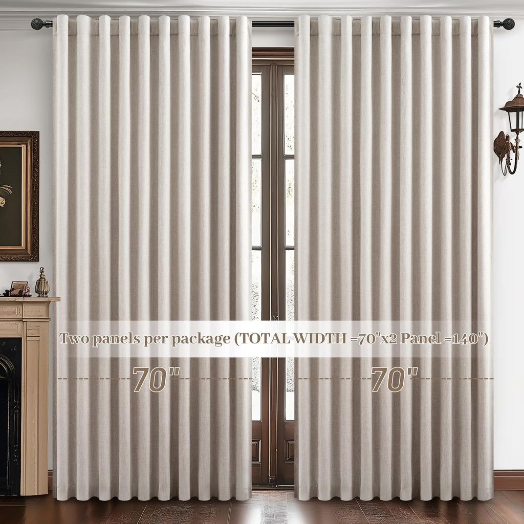 Qjmydeco Blackout Curtains 70 Inches Extra Wide Natural Linen Curtains 84 Inch Length for Living Room, Pleated Farmhouse Bedroom Thermal Dr…