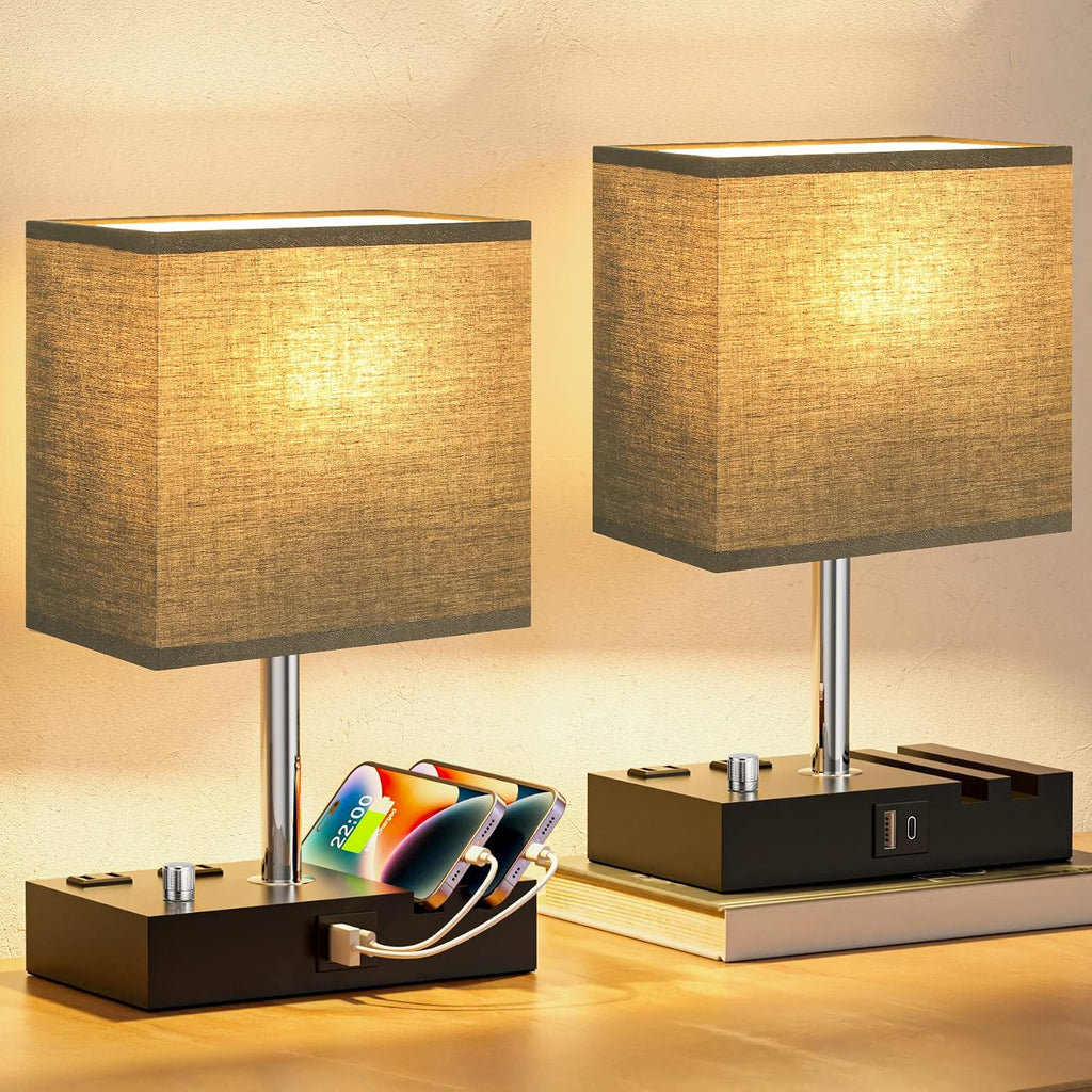 Fully Dimmable Bedside Lamps for Bedroom with USB C Ports, Kakanuo Black USB Table Lamp Set of 2, Wooden Desk Lamp with 2 Charging…