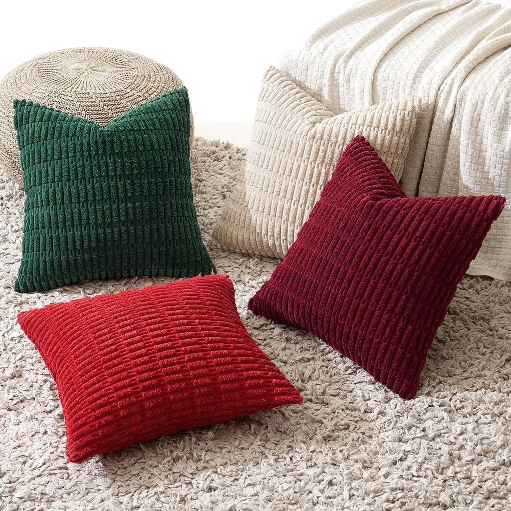 Miulee Pack of 4 Christmas Boho Farmhouse Red and Green Corduroy Decorative Throw Pillow Covers 20x20 Inch Retro Soft Striped Pillow Covers…