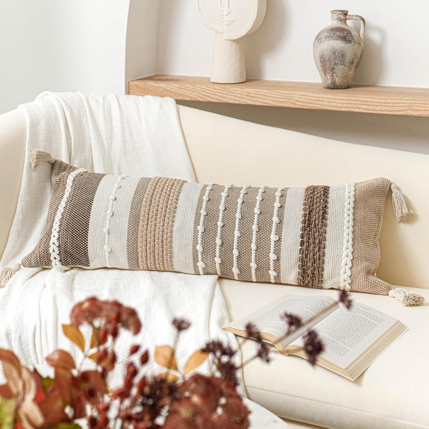 BlissBlush Brown Decorative Lumbar Pillow Cover 14x36 Boho Long Body Pillow for Bed Farmhouse Lumbar Throw Pillow for Couch Modern Accent…