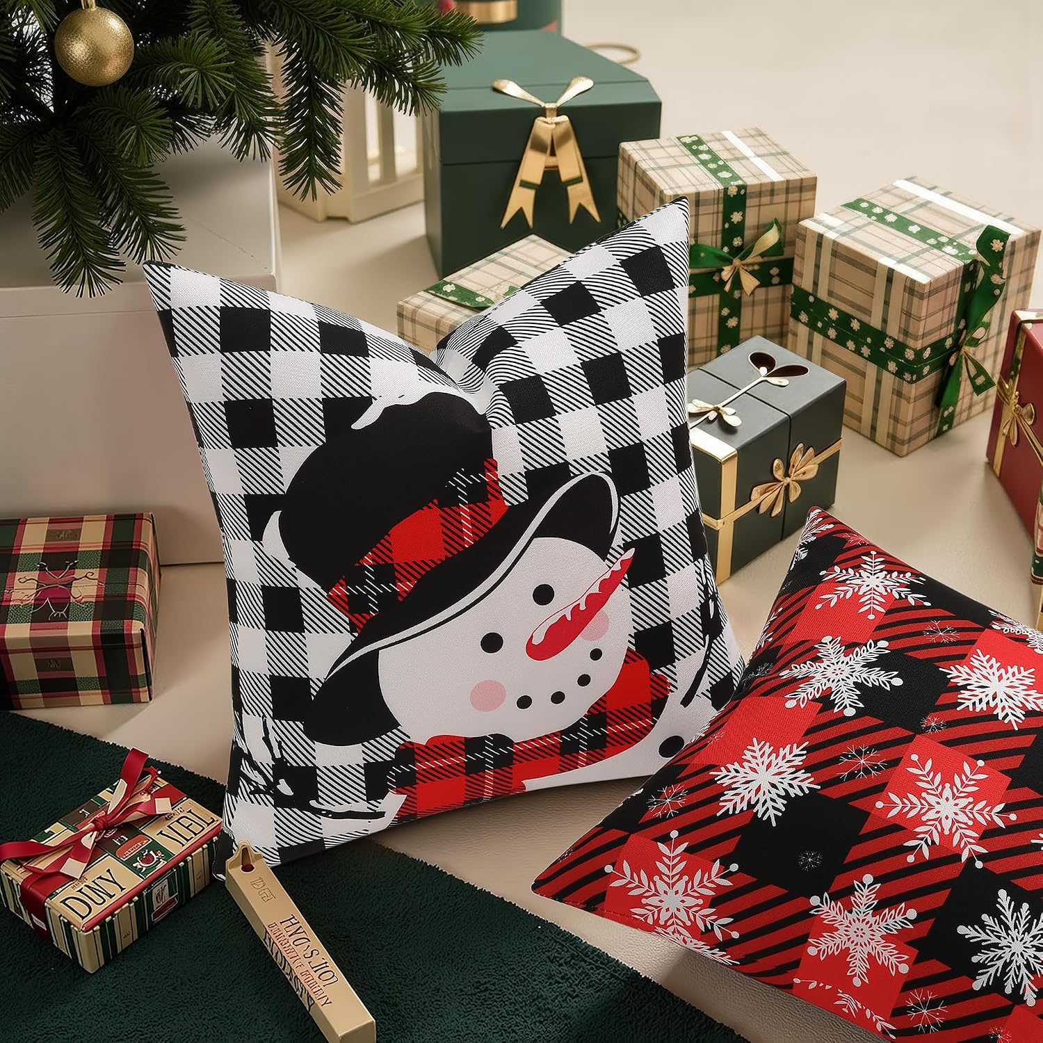 decorUhome Summer Black and White Snowman Linen Decorative Throw Pillow Covers 12x20 Set of 2 Lumbar Buffalo Plaid Check Farmhouse Gingham…