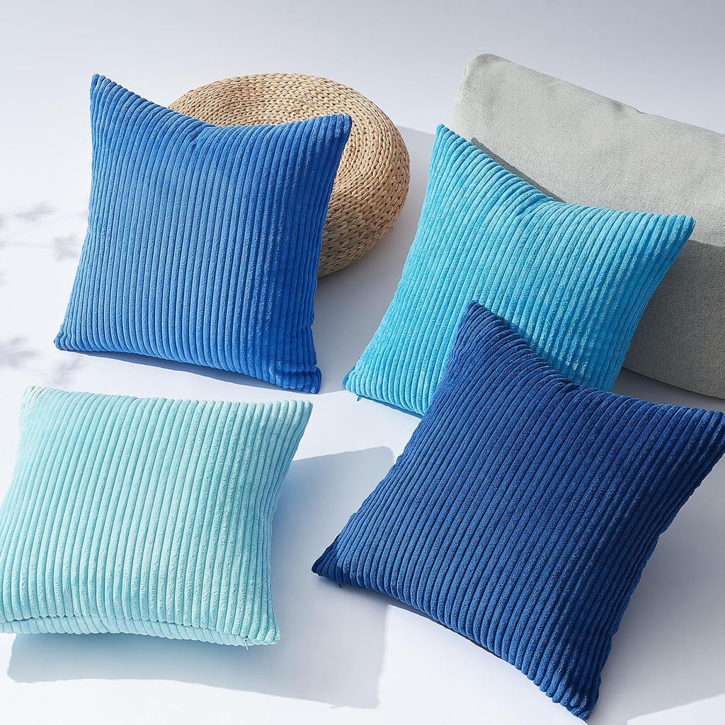 Topfinel Blue Decorative Throw Pillow Covers 16x16 Inch Set of 4, Soft Accent Corduroy Striped Gradient Color Small Cushion Cover for Beach,…