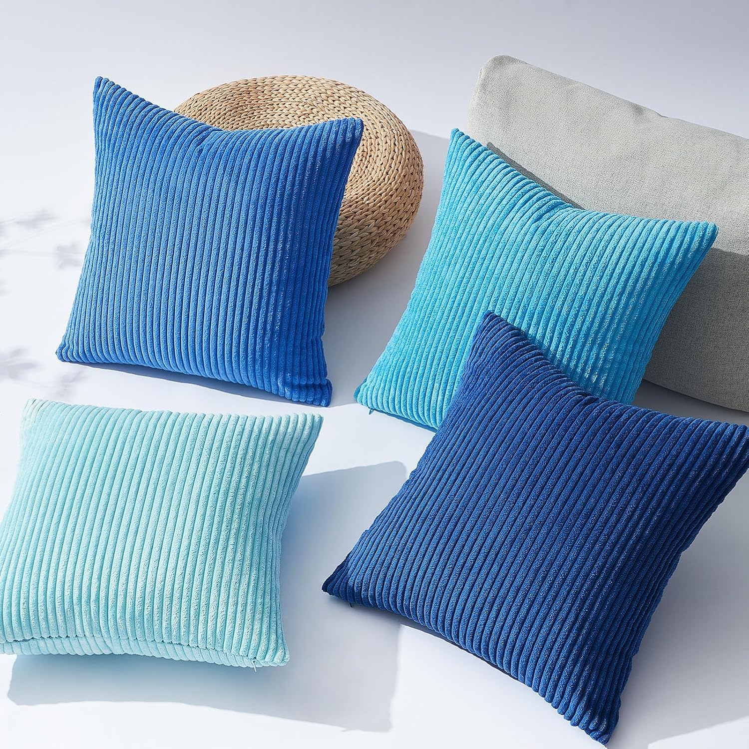 Topfinel Blue Decorative Throw Pillow Covers 16x16 Inch Set of 4, Soft Accent Corduroy Striped Gradient Color Small Cushion Cover for Beach,…