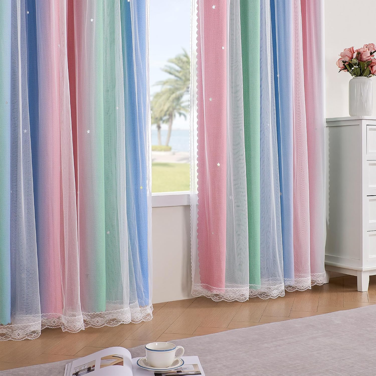 Addsomecolortolife XiDi Pink & Rainbow Curtains for Kids & Girl Rooms - Blackout, Unicorn Wall Decals, 52x84 Inch 1.6 inch Pink