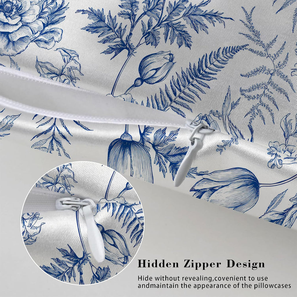 Satin Pillowcase for Hair and Skin Vintage Blue and White Floral Super Soft and Cooling Similar to Silk Pillow Case 1 Pack with Hidden…