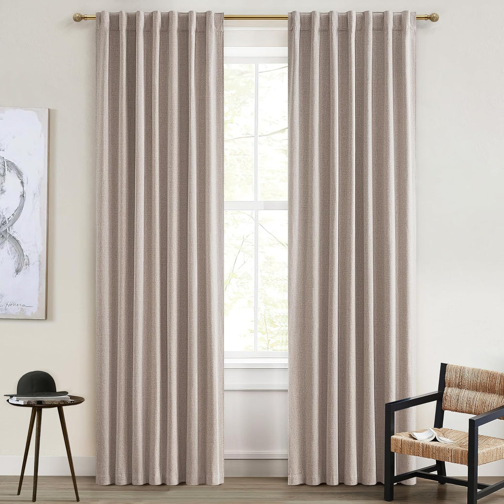 Qjmydeco Linen Curtains 84 Inch Length 2 Panels Total Blackout for Bedroom, Sand Extra Wide patio door curtains 100 inches (2*50W*84L) Draf…