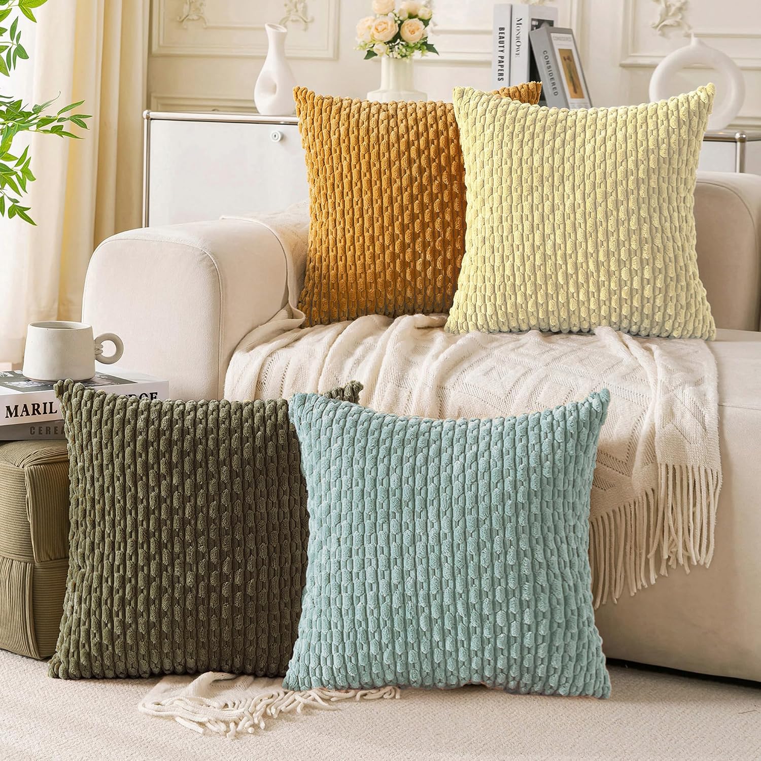 Cozoomy Set of 4 Pale Yellow Decorative Throw Pillow Covers 26x26 Inch Corduroy Pillow Covers for Bed Couch Sofa Living Room Soft Square Cu…