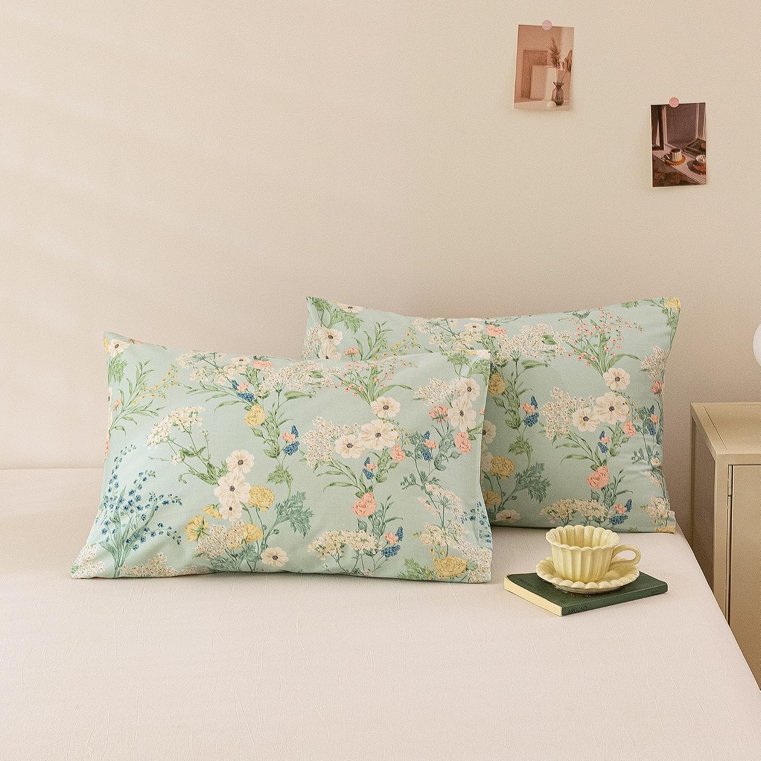 ECOCOTT Sage Green Floral Pillowcases Standard Size Set of 2, 100% Washed Cotton Pillow Cases with Envelope Closure, Botanical Wildflower…