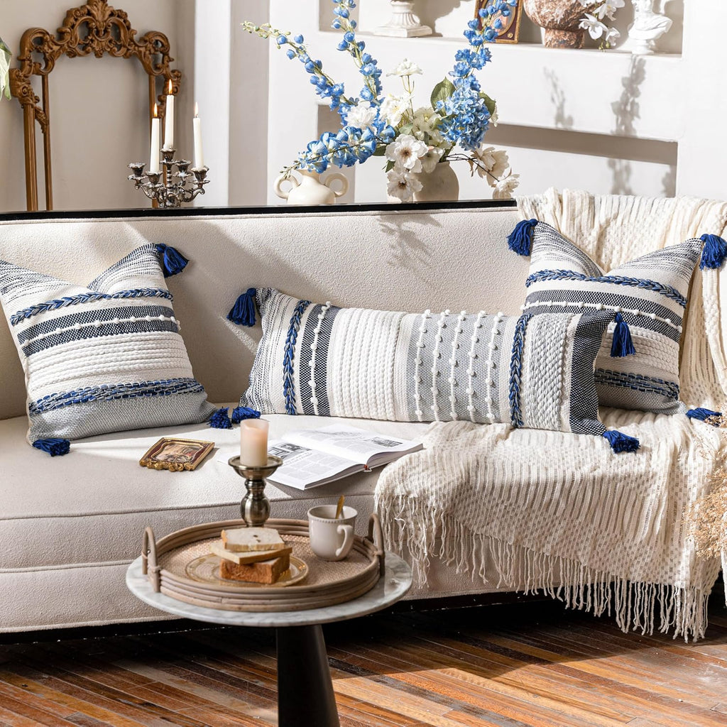 BlissBlush Navy Dark Blue Boho Decorative Lumbar Pillow Cover 14x36, Long Body Pillow for Bed, Accent Lumbar Throw Pillow for Couch…