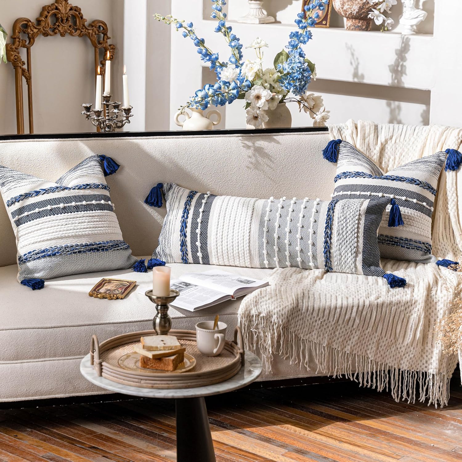 BlissBlush Navy Dark Blue Boho Decorative Lumbar Pillow Cover 14x36, Long Body Pillow for Bed, Accent Lumbar Throw Pillow for Couch…