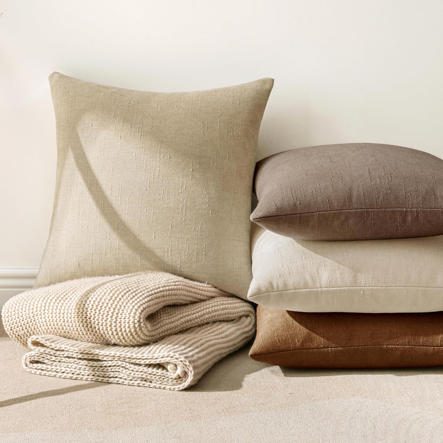 MIULEE Textured Pillow Covers 26x26 Inch Pack of 2, Beige Soft Thick Euro Solid Decorative Chenille Throw Pillows Neutral Farmhouse…