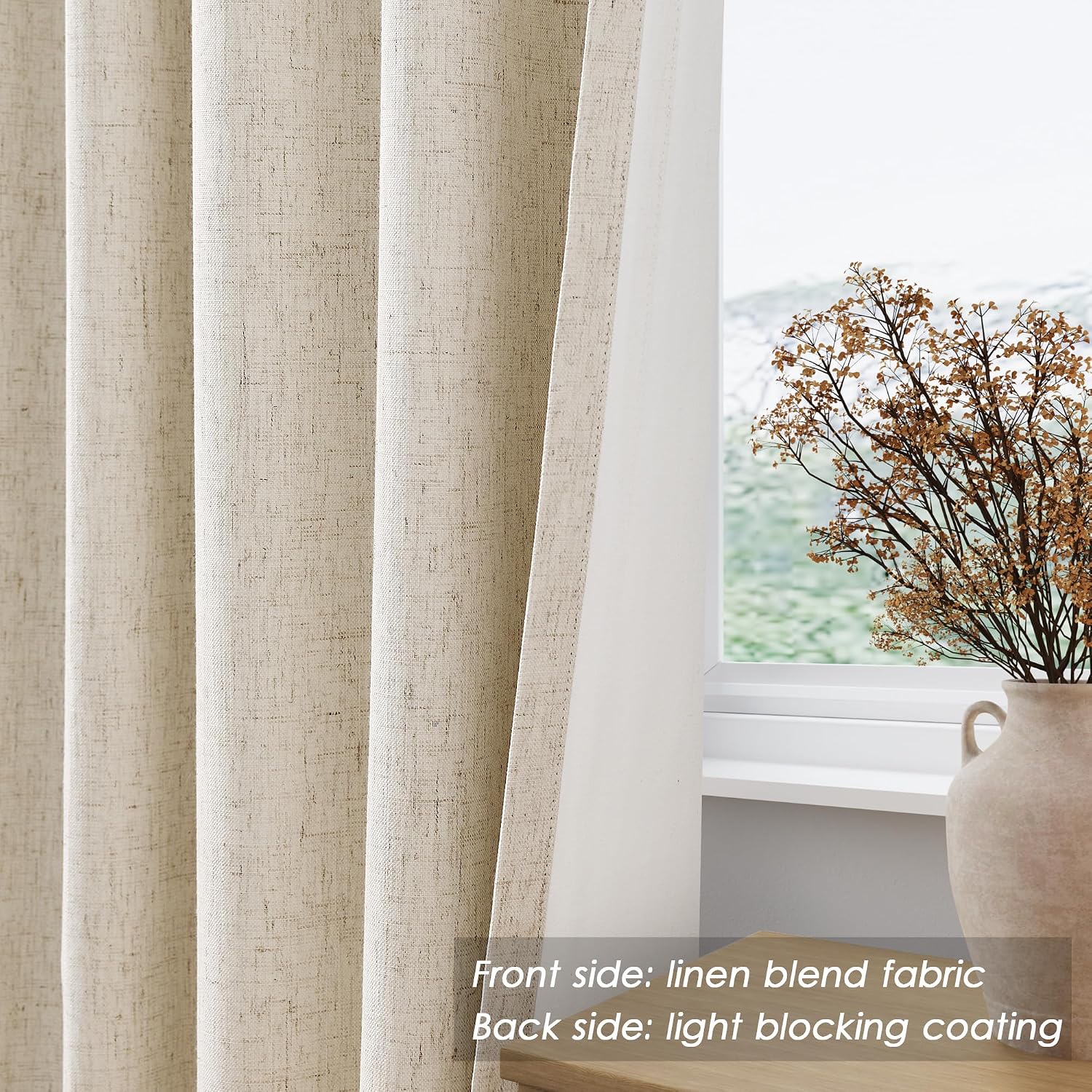Nanspring Beige 100% Blackout Linen Curtains for Bedroom 94 Inches Long Back Tab Thermal Insulated Rustic Country Farmhouse Decor Black Out…