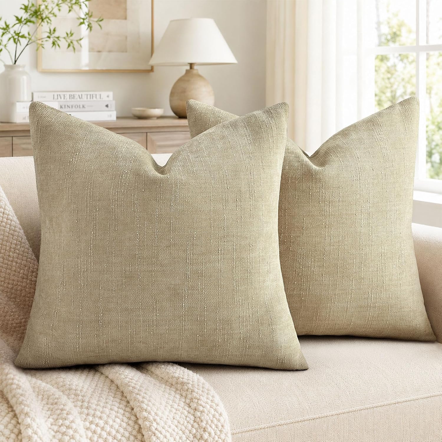 decorUhome Chenille Throw Pillow Covers 20x20 Set of 2, Square Decorative Pillow Covers with Zipper for Couch, Sofa, Living Room, Tan