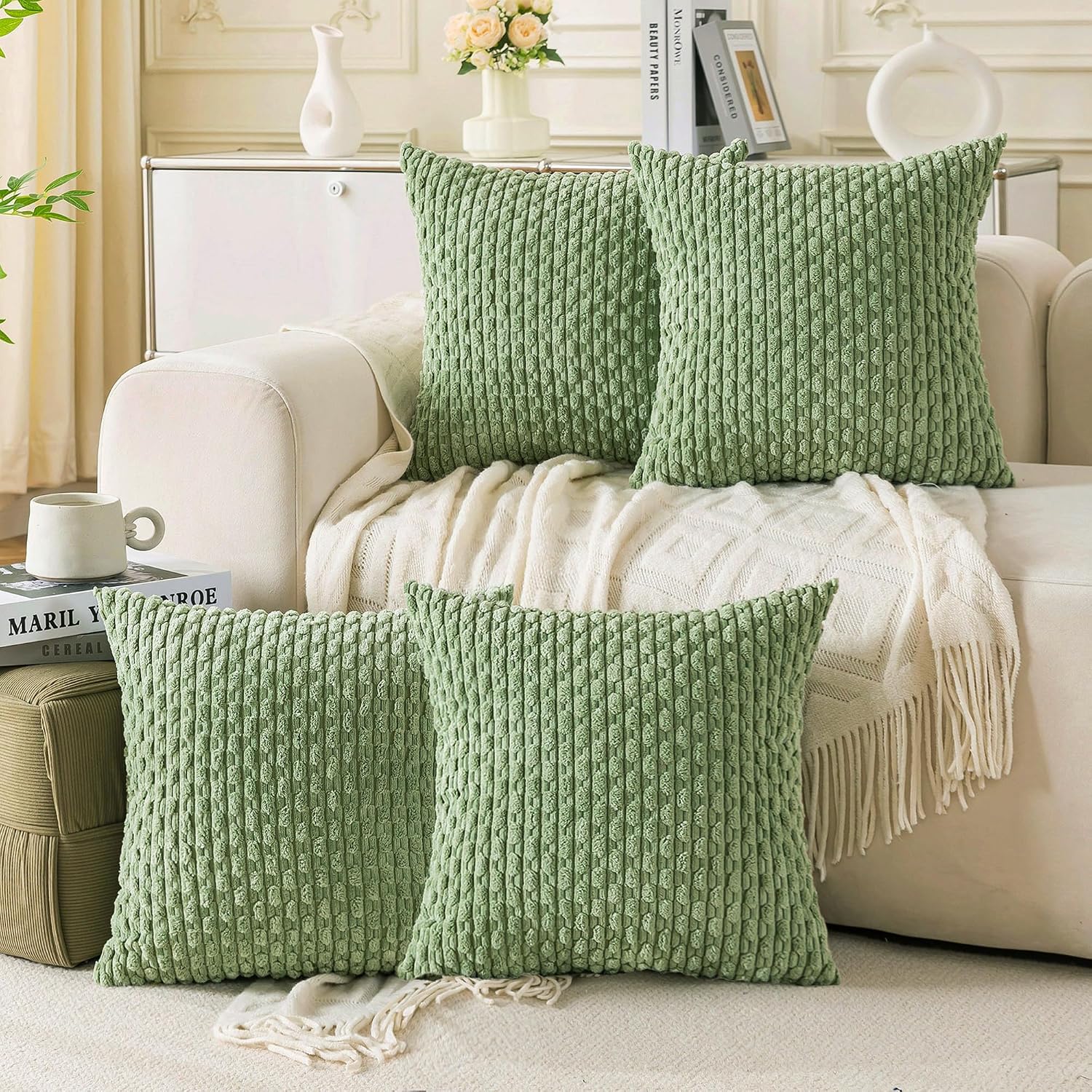 Cozoomy Set of 4 Sage Green Decorative Throw Pillow Covers 18x18 Inch Corduroy Pillow Covers for Bed Couch Sofa Living Room Soft Square Cus…