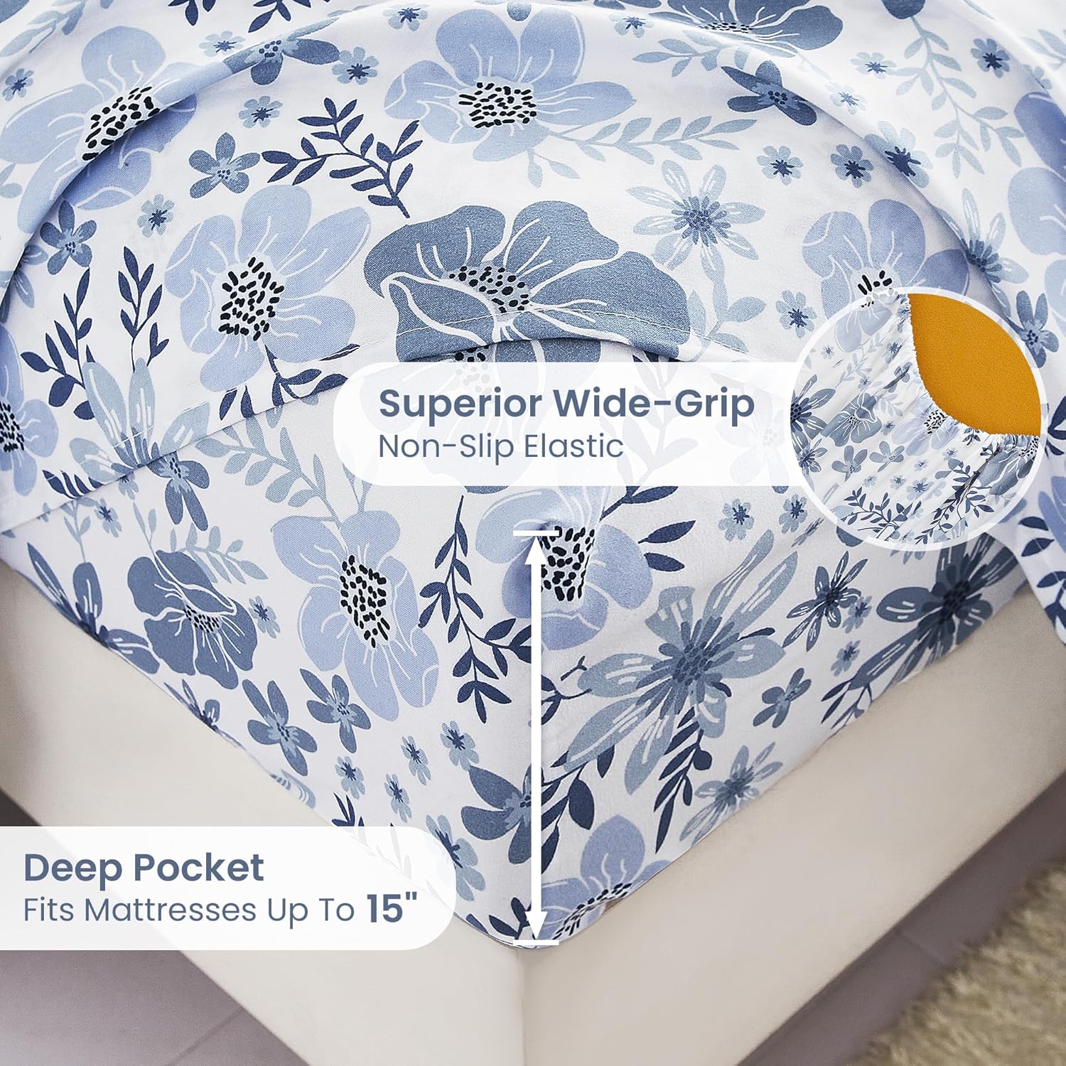 mooreeke Full Size Sheets Set - 4 Piece Soft Breathable Microfiber Bed Sheet Set - Blue & White Flower Pattern Sheet Set Full - Deep Pocket…