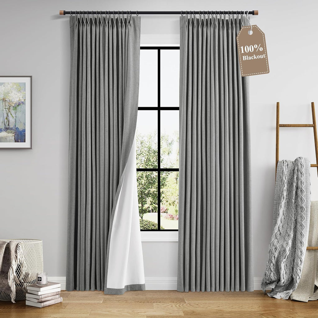Boodii Dark Grey 100% Blackout Linen Pinch Pleated Curtains 84 Inches Long 2 Panels for Living Room Bedroom Pleat Drapes with Hooks Rings N…