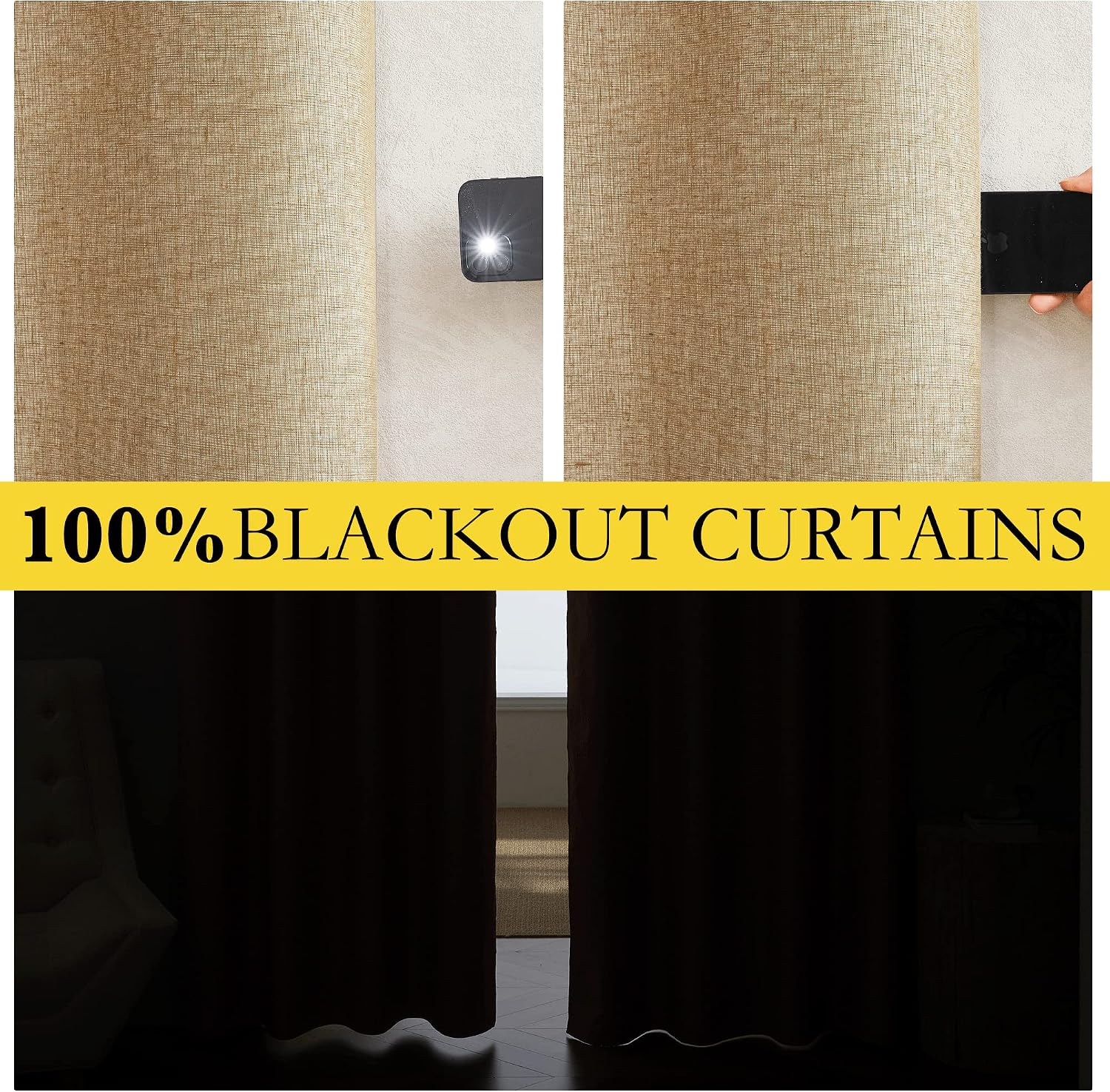 NICETOWN 100% Blackout Camel Linen Curtains 102 inches Length with Thermal Insulated Liners, 2 Panels, 62 inches W, Farmhouse Style Room…
