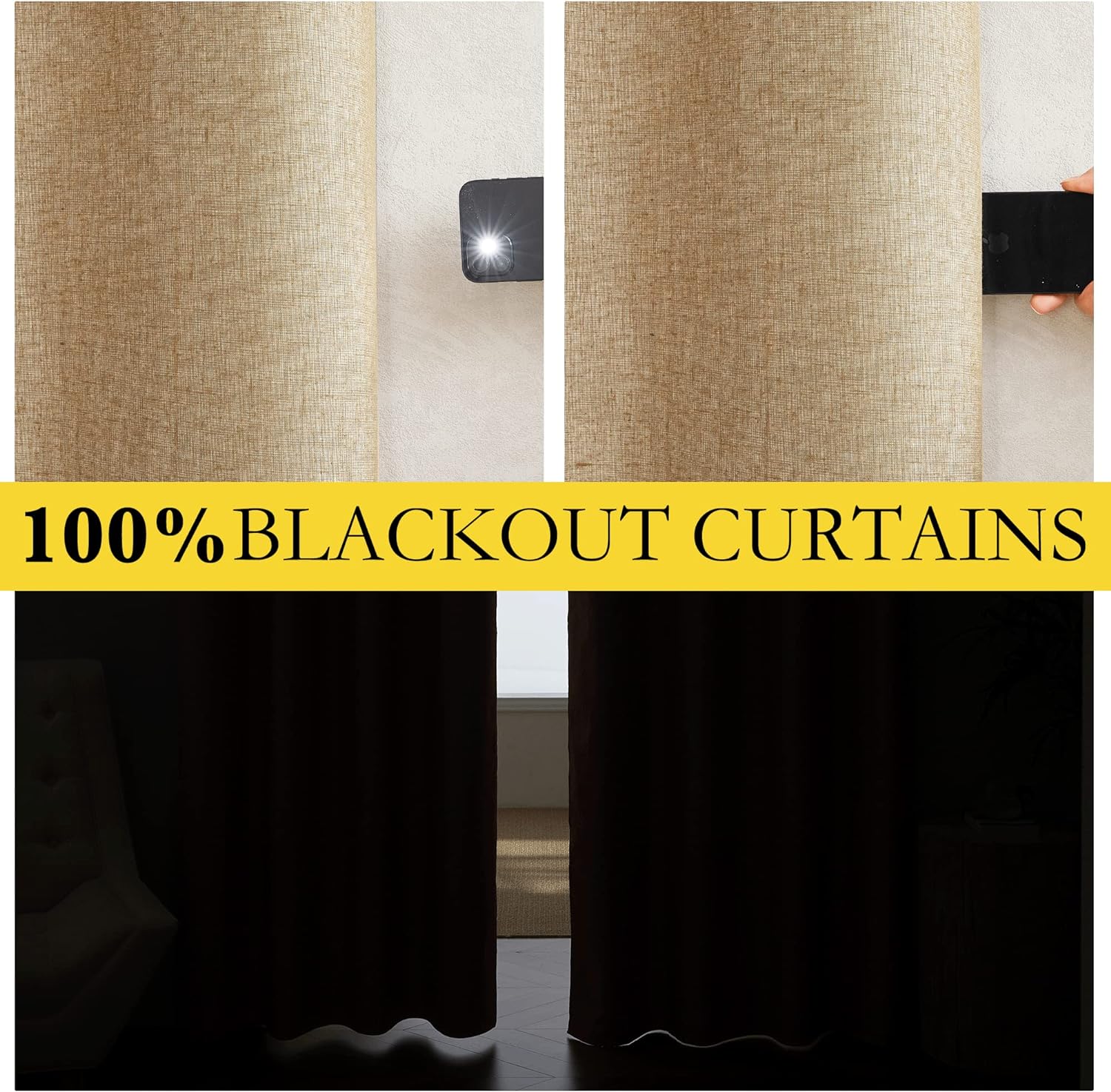 NICETOWN 100% Absolutely Blackout Linen Curtains with Thermal Insulated White Liner, Camel, 52" Wide by 45" Long, 2 Pieces, Linen Blend…