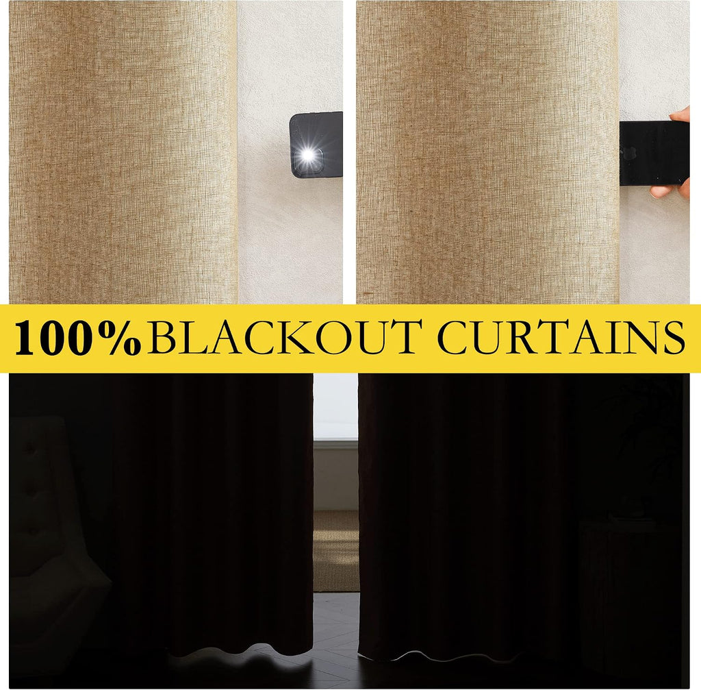 NICETOWN 100% Absolutely Blackout Linen Curtains with Thermal Insulated White Liner, Camel, 42" Wide by 45" Long, 2 Pieces, Linen Blend…