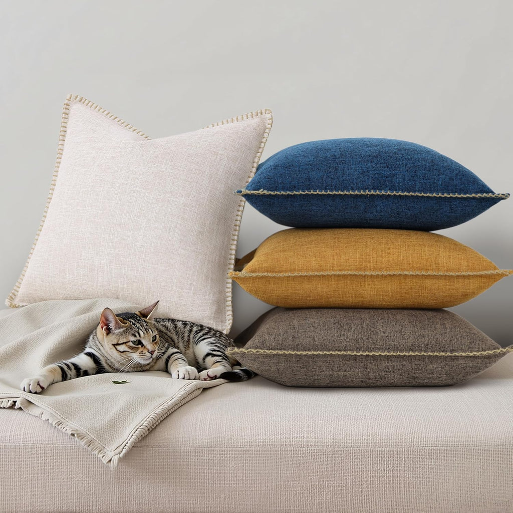 decorUhome Summer Decorative Throw Pillow Covers 18x18 Set of 2 Square Faux Linen Outdoor Neutral Farmhouse Pillow Covers with Stitched…