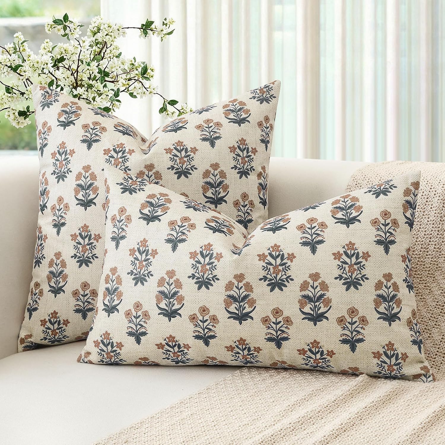 OTOSTAR Floral Print Pillow Covers 18x18 Inch Pack of 2 Double-Sided Brown Grey Flower Square Throw Pillow Covers Farmhouse Rustic…