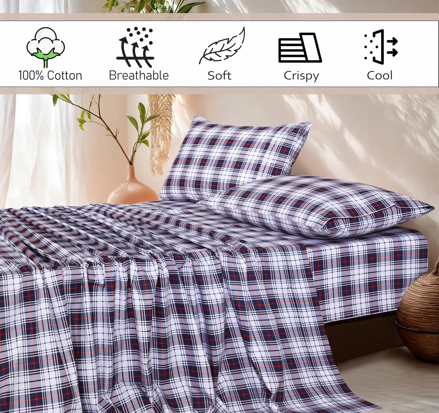 Ruvanti 100% Cotton Percale Sheets King Size – Crisp Cooling Bed Sheets for Hot Sleepers, Deep Pocket 16”, Soft Breathable & Durable Hotel-…